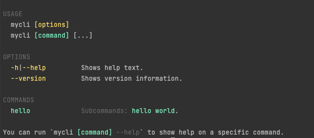 Terminal window showing the output of mycli command. Only hello command is shown.