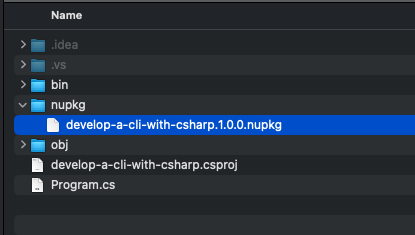 Finder window showing NuGet package created as output of dotnet pack command