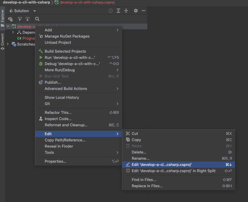 Rider IDE showing Edit menu expanded and Edit .csproj file selected