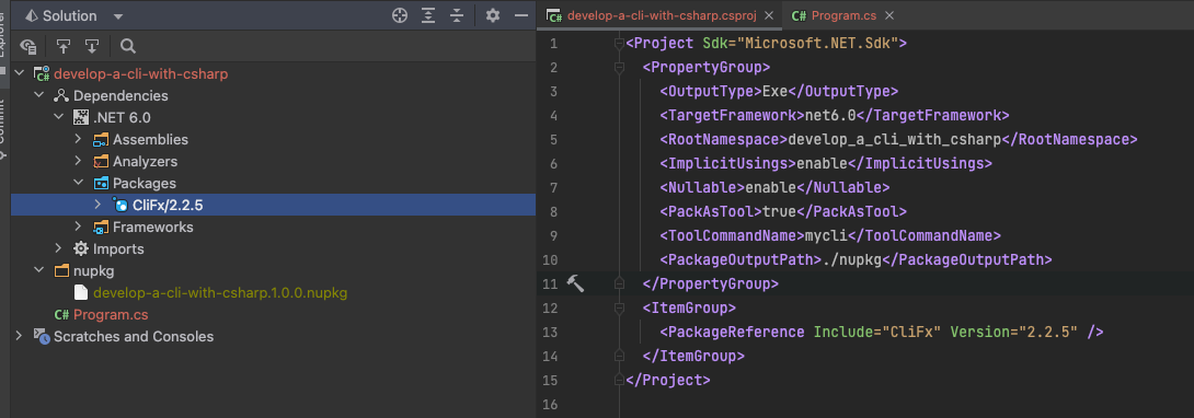 Rider IDE showing CliFx package added to the project