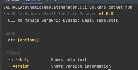 Terminal window showing output of dotnet run command showing the application running as a CLI and showing the output of the help command