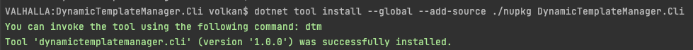 Terminal window showing the successful output of dotnet tool install command