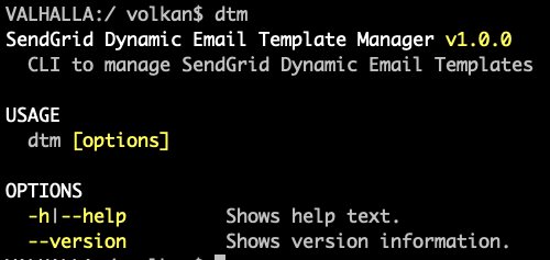 Terminal window showing the output of dtm command. It shows the help text of the CLI