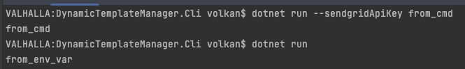 Terminal window showing the output of dotnet run. It shows when sendGridApiKey parameter is supplied it uses that. Otherwise it uses environment variable.