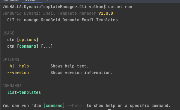 Terminal window showing output of dotnet run. It shows list-templates command in the help text.
