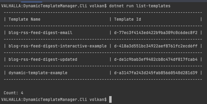 Terminal window showing successful output of list-templates command