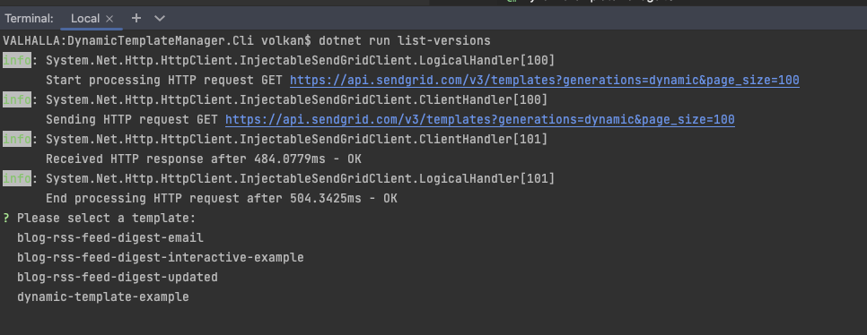 Terminal window showing output of list-versions command. User is prompted to select an existing template from a list.