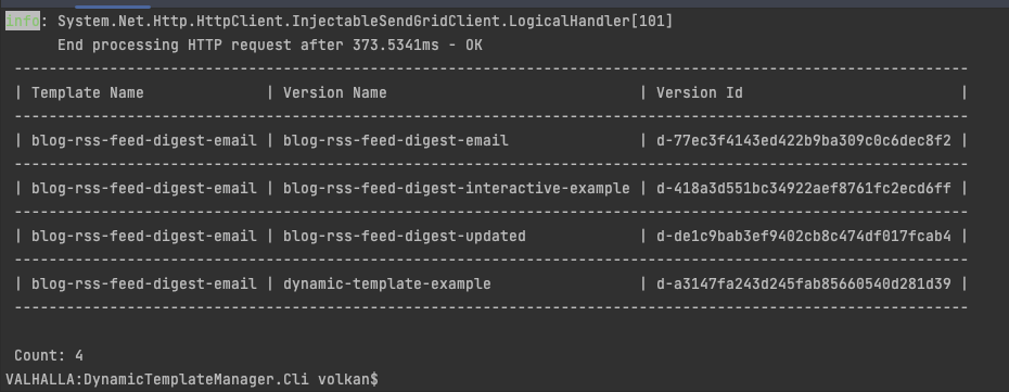 Terminal window showing the successful output of versions of a template listed on the screen in table format.