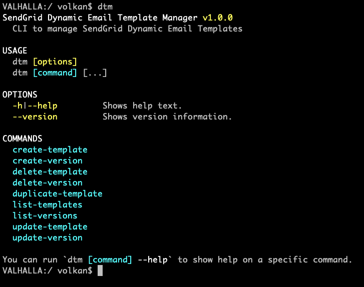 Terminal window showing the default help text and listing all the available commands
