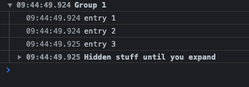 group, groupCollapsed and groupEnd function call output. Some lines are shown as collapsed. 