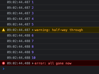 Output of warn and error functions among information lines in the console