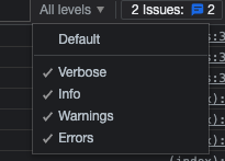 Debug levels dropdown expanded and showing all levels selected