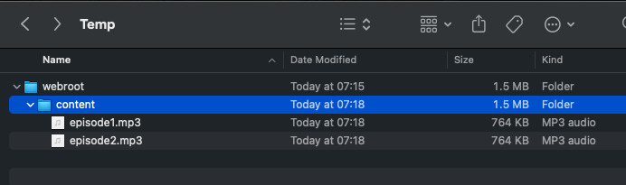 Contents of the root directory showing webroot directory, content directory under it and two files named episode1.mp3 and episode2.mp3