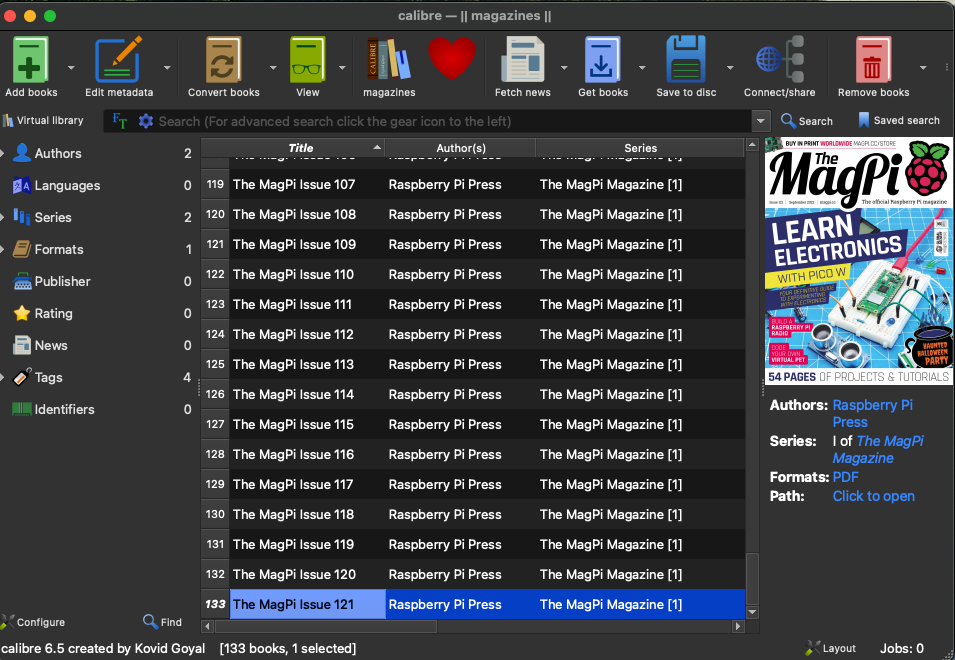 The latest MagPi issue shown in Calibre