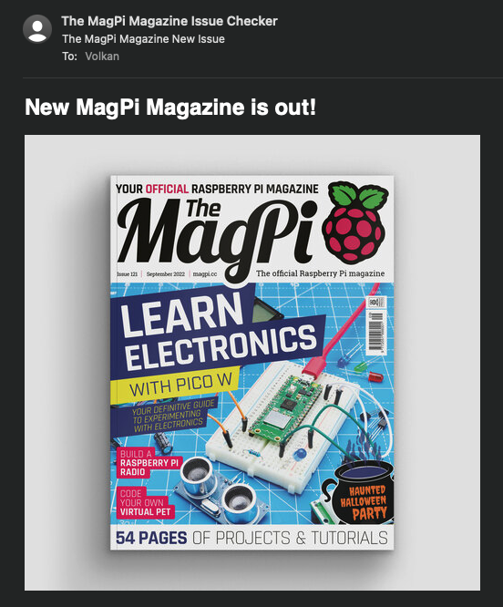 Screenshot of the final notification email showing MagPi cover