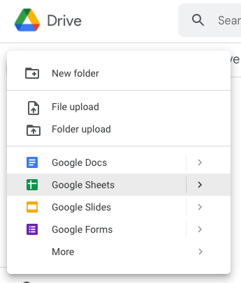 New menu shows available google services such as Google Docs, Google Sheets, Google Slides, Google Forms and a more link at the end