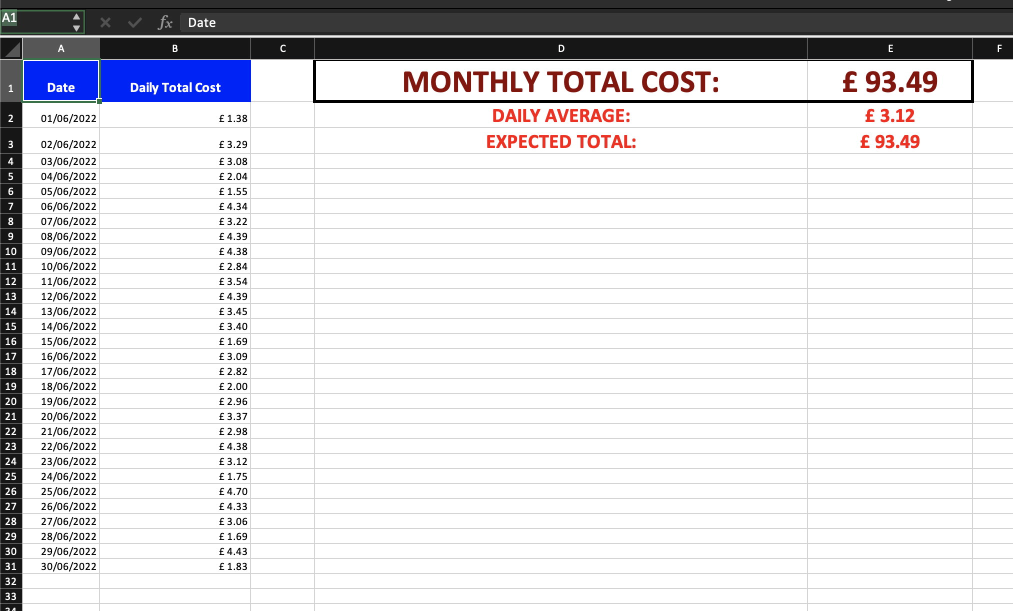 Spreadsheet showing daily electricity costs and monthly total cost
