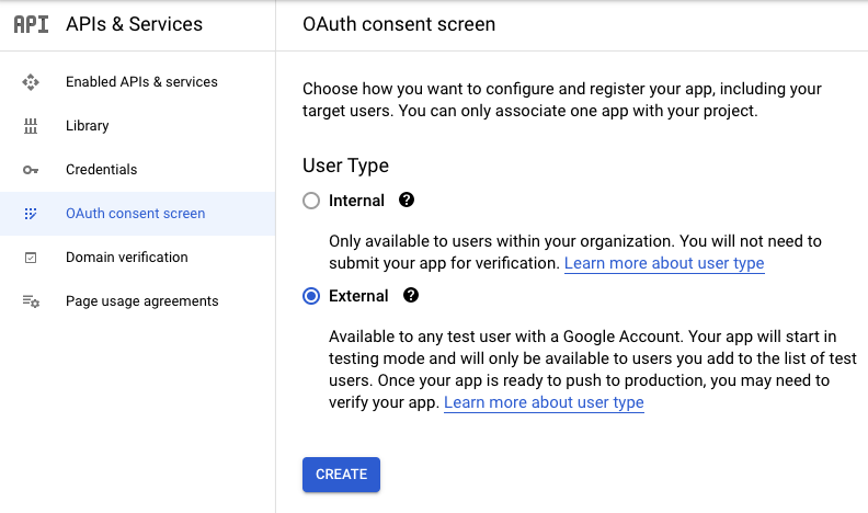 OAuth consent screen select user type screen