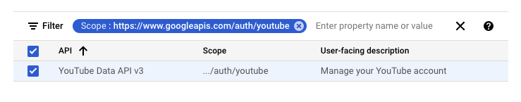 Add or remove scope screen showing youtube selected