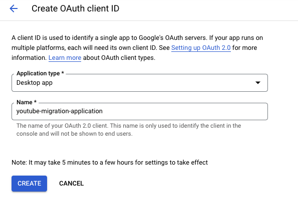 create OAuth client application type selection screen