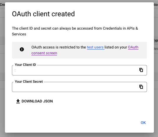 OAuth client created confirmation dialog with Download JSON button